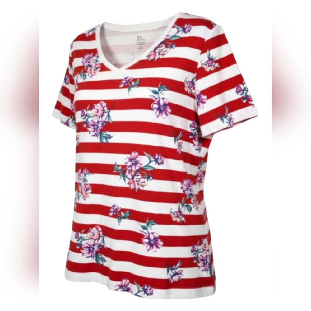 Kim Rogers Perfectly Soft Tee T-Shirt Women's XL Short Sleeve Striped Floral